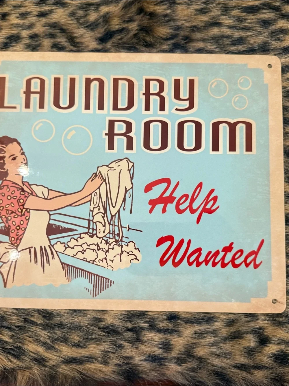 Laundry Room Help Wanted Retro Wall Sign - Light Blue & Red